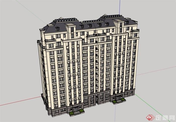 美式详细的完整住宅楼建筑su模型