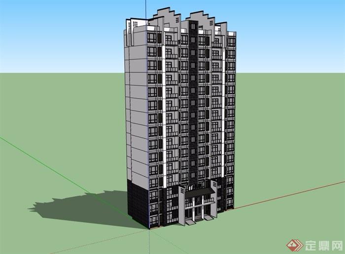 新中式风格住宅B户型15层建筑su模型