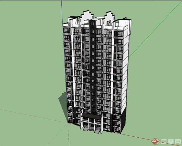 新中式风格住宅B户型15层建筑su模型