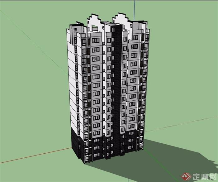 新中式风格住宅B户型15层建筑su模型