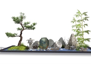 新中式景观小品 庭院小品 石头滨水 陶罐组合SU(草图大师)模型