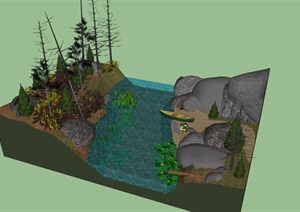 山间自然河流钓鱼景观SU(草图大师)模型