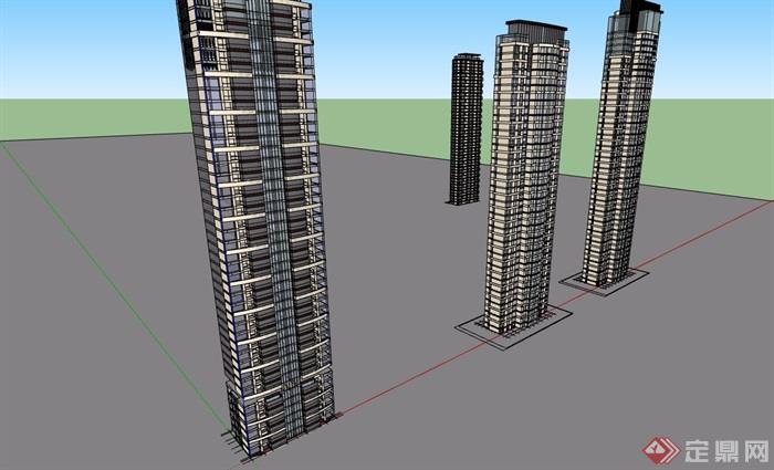 四栋详细的住宅高层建筑楼设计su模型