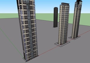 四栋详细的住宅高层建筑楼设计SU(草图大师)模型