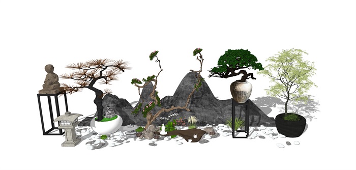新中式盆景盆栽组合 石灯 鹅卵石 石头盆景树su模型(1)