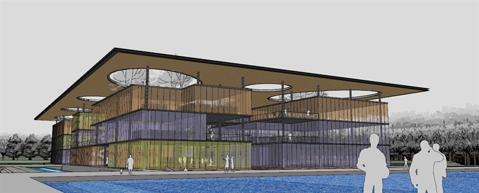 现代创意大屋顶覆盖体块穿插式连廊连接开放式文化图书馆艺术活动中心(1)