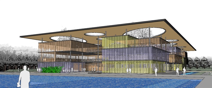 现代创意大屋顶覆盖体块穿插式连廊连接开放式文化图书馆艺术活动中心(4)