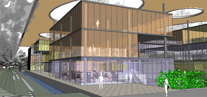 现代创意大屋顶覆盖体块穿插式连廊连接开放式文化图书馆艺术活动中心(5)