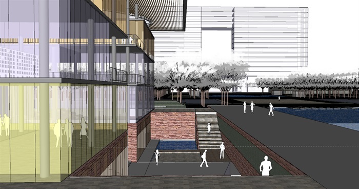 现代创意大屋顶覆盖体块穿插式连廊连接开放式文化图书馆艺术活动中心(7)