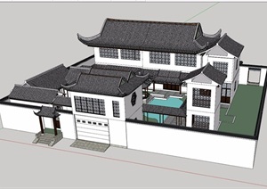 古典中式独特详细别墅建筑SU(草图大师)模型