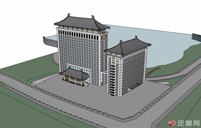 唐风中式宾馆建筑设计su模型