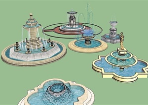 欧式风格不同的喷泉水池景观设计SU(草图大师)模型