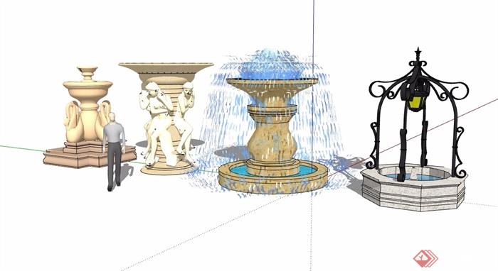 四种欧式水钵素材景观设计su模型