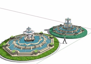 欧式风格详细的两个喷泉水池景观设计SU(草图大师)模型