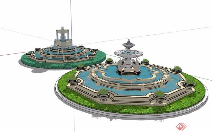 欧式风格详细的两个喷泉水池景观设计su模型