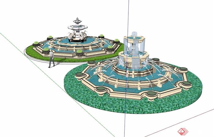 欧式风格详细的两个喷泉水池景观设计su模型