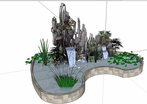 详细的整体假山水池水景设计SU(草图大师)模型
