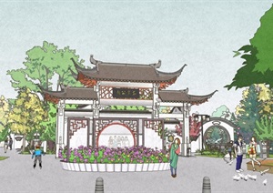 古典中式公园主入口大门SU(草图大师)模型