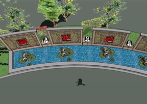 详细的完整水池景墙SU(草图大师)模型