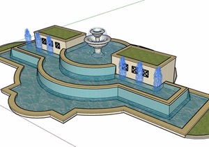 详细的欧式整体完整喷泉水池设计SU(草图大师)模型