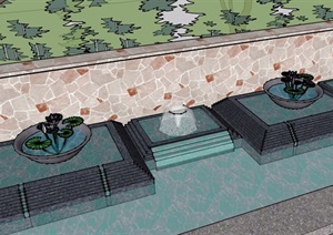 详细的完整喷泉水池景墙素材设计SU(草图大师)模型