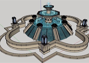 整体独特详细的完整喷泉水池景观设计SU(草图大师)模型
