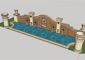 详细的欧式喷泉水池景墙素材设计SU(草图大师)模型