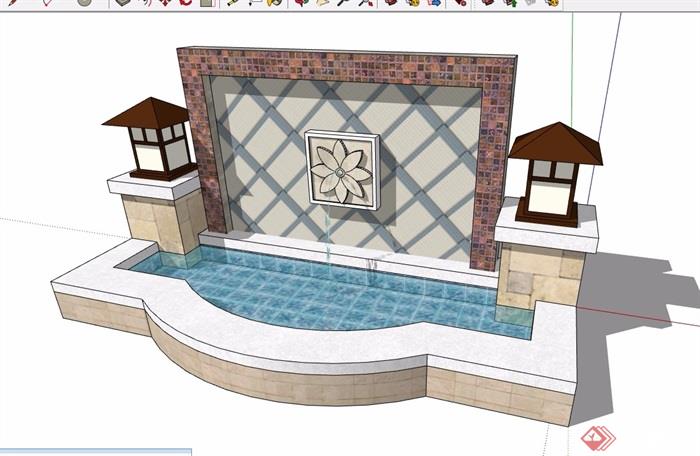 简欧详细的水池景墙素材设计su模型