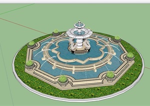 欧式详细的整体喷泉水池景观设计SU(草图大师)模型