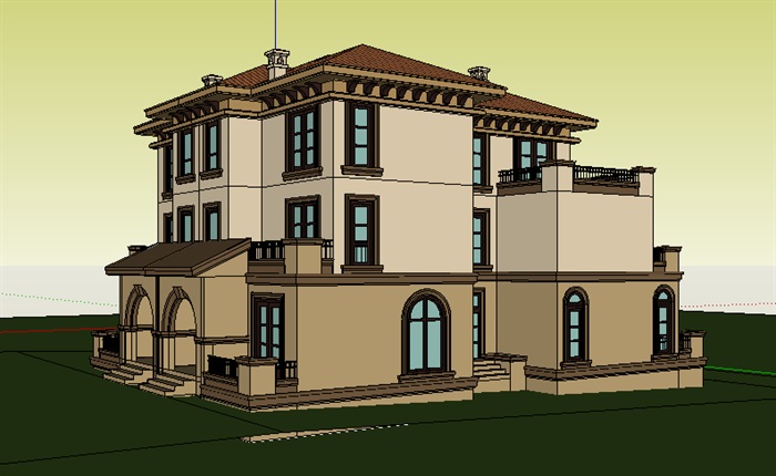 欧式主义风格双联别墅详细建筑设计su模型