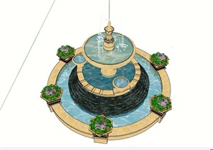 详细的整体完整喷泉水池景观设计SU(草图大师)模型