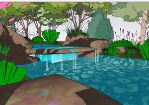 详细的溪流水景观设计SU(草图大师)模型