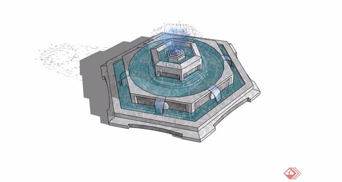 现代详细的完整喷泉水池景观设计su模型