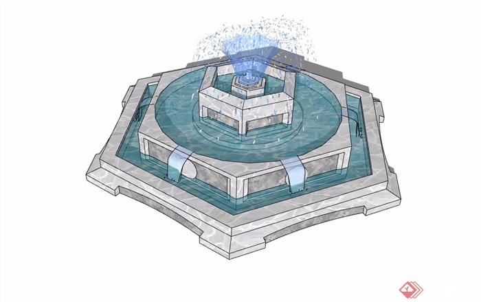 现代详细的完整喷泉水池景观设计su模型