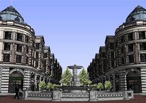 现代主义风格欧式建筑步行街SU(草图大师)模型