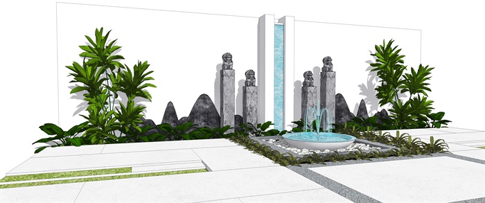 新中式景观小品 跌水景观 片石景墙 植物组合su模型(2)