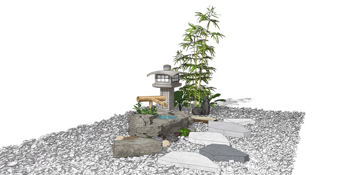新中式景观小品 跌水景观 石灯竹子 碎石组合su模型(1)