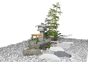 新中式景观小品 跌水景观 石灯竹子 碎石组合SU(草图大师)模型