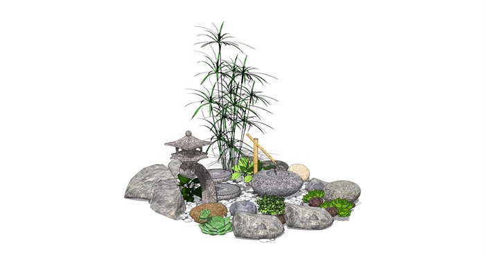 新中式景观小品 跌水景观 石头植物组合su模型(2)