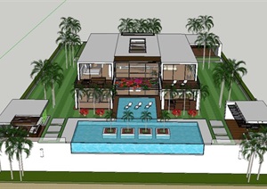 现代风格海边别墅泳池设计SU(草图大师)模型
