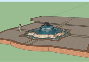 现代独特的喷泉水池景观设计SU(草图大师)模型