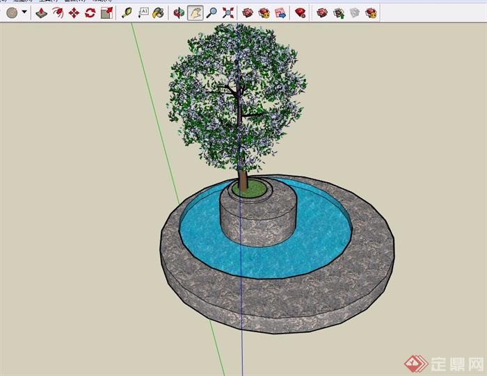 现代详细的圆形水池树池设计su模型