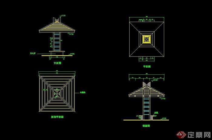 (5 木质单臂亭子设计cad施工图,图纸包含了详细的材料及尺寸标注