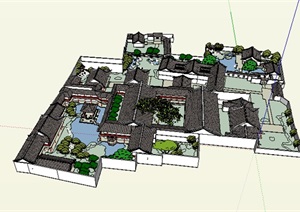 新中式风格四合院住宅楼设计SU(草图大师)模型