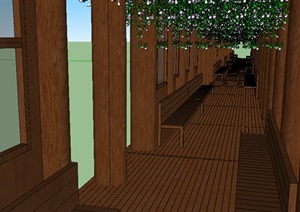 中式风格木质滨水廊架长廊模型