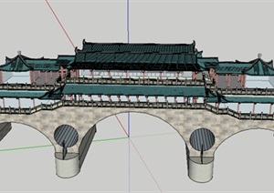中式风格桥上的寺庙古建模型