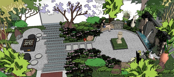 中式风格个人私家花园的SU模型整体下半部分