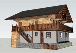 中式风格二层木结构房屋模型