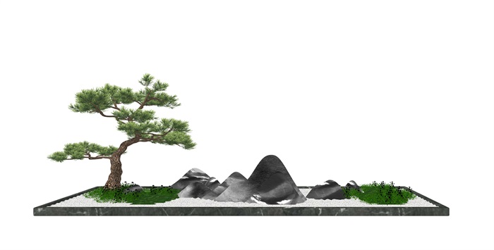 新中式景观小品松树石头su模型(1)