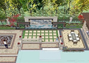 大气简洁中式别墅庭院景观SU(草图大师)模型